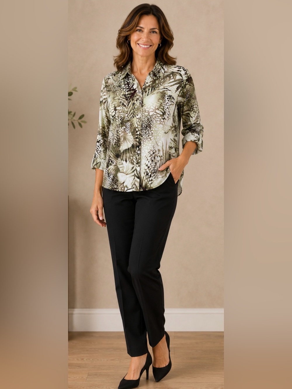 Chico's Olive and Cream Tropical Button-Down Shirt